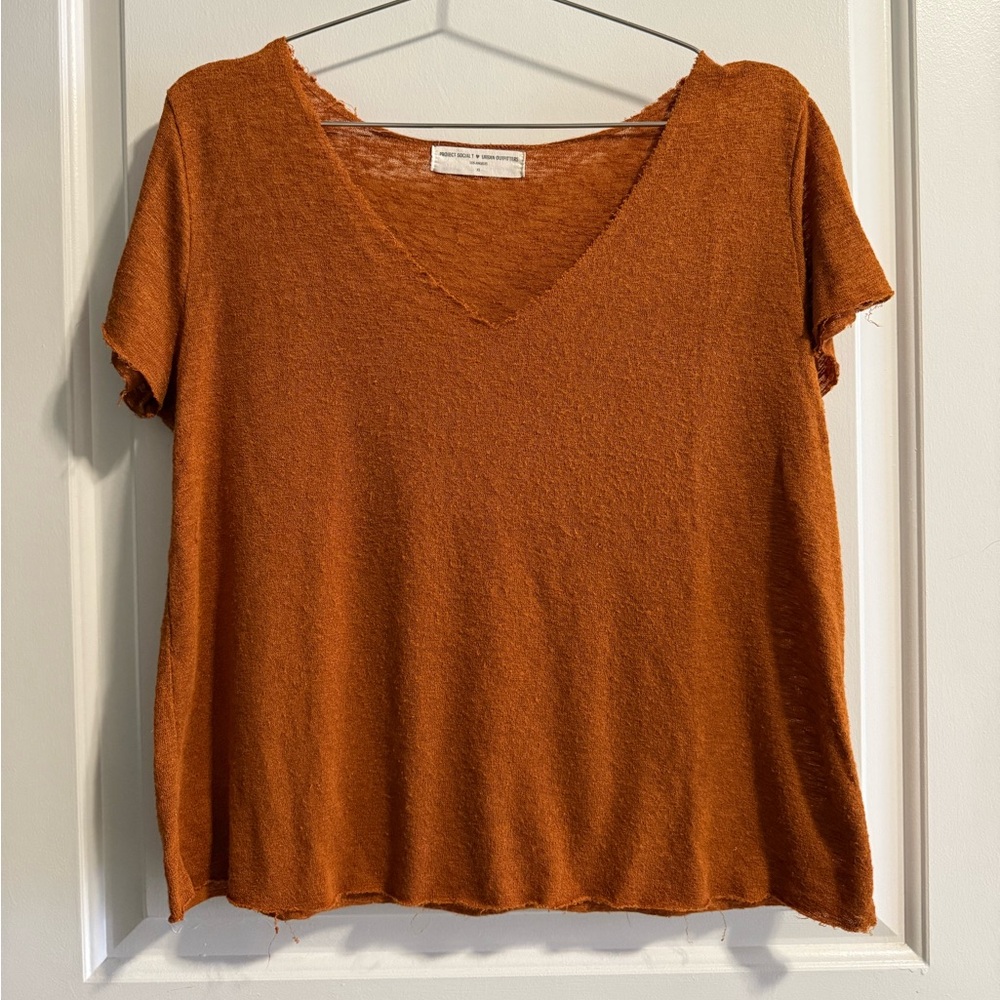 Project Social T Burnt Orange V-Neck Distressed Tee